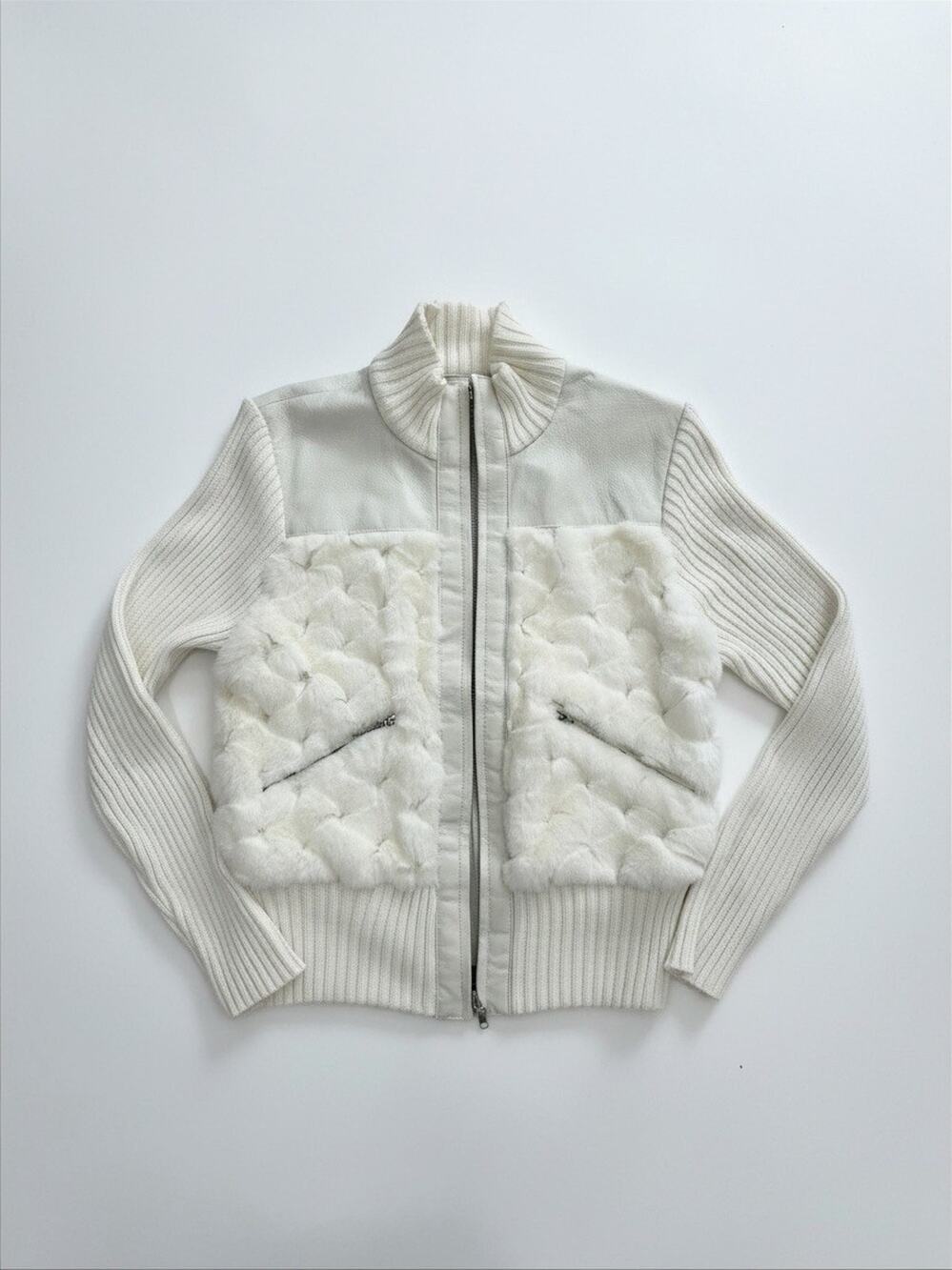100% Leather Fur Jacket White Cream Y2K Cropped Bomber Vintage Small